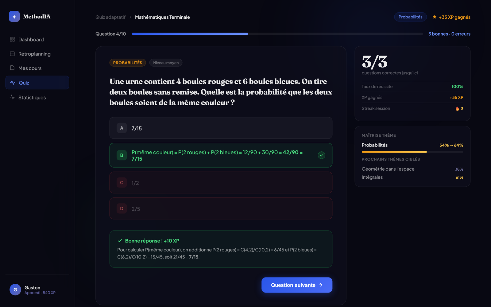 Quiz adaptatif MethodIA pour réviser les épreuves du brevet